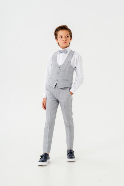 Erkek Çocuk Kareli Yelekli Takım – Papyonlu Şık Bayram ve Özel Gün Kombini - Açık Gri