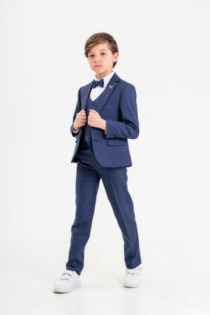 Ibiza Erkek Çocuk Damatlık Takım – Yelekli Ceketli Papyonlu Şık Düğün & Özel Gün Kombini-Saks