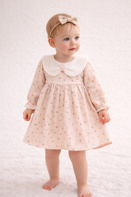 Kız Bebek Pudra Puantiyeli Dantel Yaka Elbise – Uzun Kollu Müslin Bebek Elbisesi