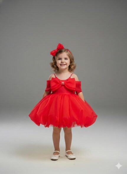 Kız Çocuk  Prenses Elbise – Fiyonk Detaylı Özel Gün & Doğum Günü Elbisesi -Kırmızı