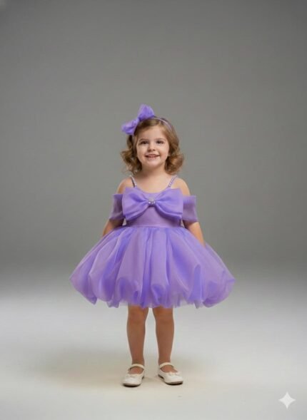 Kız Çocuk  Prenses Elbise – Fiyonk Detaylı Özel Gün & Doğum Günü Elbisesi -Mor