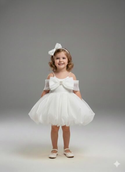 Kız Çocuk  Prenses Elbise – Fiyonk Detaylı Özel Gün & Doğum Günü Elbisesi -Beyaz