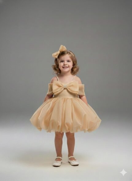 Kız Çocuk  Prenses Elbise – Fiyonk Detaylı Özel Gün & Doğum Günü Elbisesi -Kahve