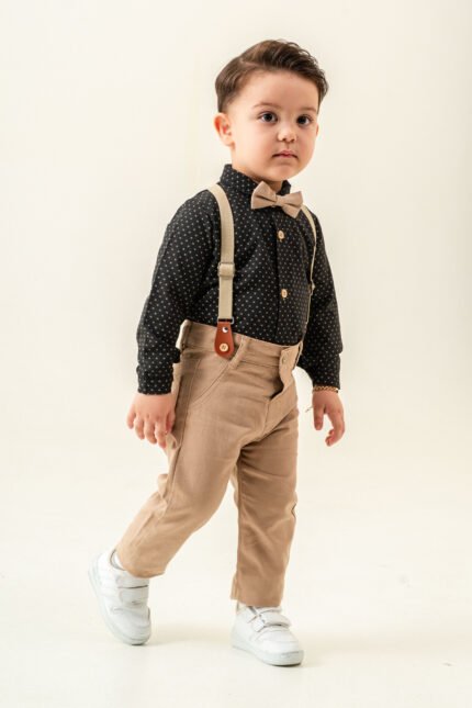 Erkek Bebek Askılı Papyonlu Takım – Desenli Gömlekli Şık Kombin-SİYAH
