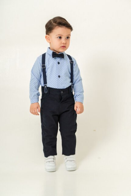 Erkek Bebek Askılı Papyonlu Takım – Desenli Gömlekli Şık Kombin-MAVİ