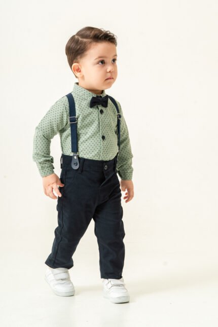 Erkek Bebek Askılı Papyonlu Takım – Desenli Gömlekli Şık Kombin-YEŞİL