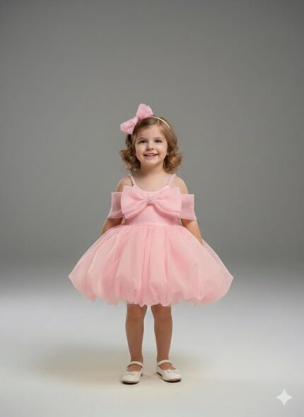 Kız Çocuk  Prenses Elbise – Fiyonk Detaylı Özel Gün & Doğum Günü Elbisesi -Pembe