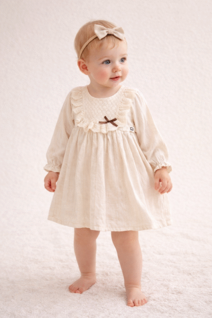 Kız Bebek Krem Dantel Yaka Elbise – Uzun Kollu Şık Bebek Elbisesi